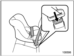 8. To remove the child restraint system, press the release button on the seatbelt buckle and allow the belt to retract completely. The belt will return to the ELR mode.