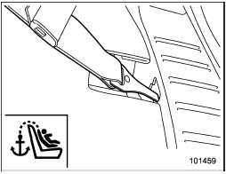 8. If the child restraint system requires a top tether, latch the hook onto the top tether anchorage and tighten the top tether. For additional instructions, refer to Top tether anchorages.