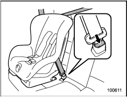 9. To remove the child restraint system, press the release button on the seatbelt buckle and allow the belt to retract completely. The belt will return to the ELR mode.