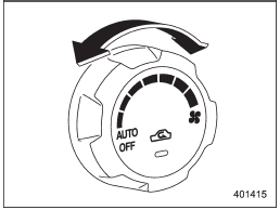 The fan operates only with the ignition switch in the ON position. The fan speed control dial is used to select the AUTO (automatic control) mode or to select the desired fan speed. The dials positions and their functions are as follows.