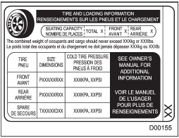 The vehicle placard shows original tire size, recommended cold tire inflation pressure on each tire at maximum loaded vehicle weight, seating capacity and loading information.