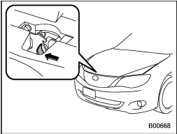 3. Release the secondary hood release by moving the lever between the front grille and the hood toward the left.