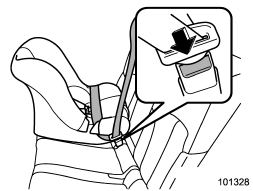 8. To remove the child restraint system, press the release button on the seatbelt