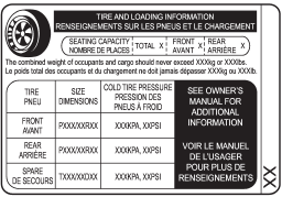 The vehicle placard shows original tire size, recommended cold tire inflation