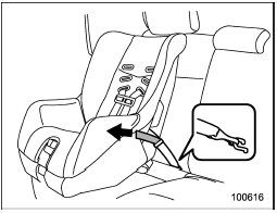 3. [If your child restraint system is of a flexible attachment type (which uses tether belts to connect the child restraint system properly to the lower anchorages)] While pushing the child restraint into the seat cushion, pull both left and right lower tether belts up to secure the child restraint system firmly by taking up the slack in the belt.