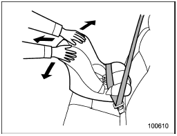 6. Push and pull the child restraint system forward and from side to side to check if it is firmly secured. Sometimes a child restraint can be more firmly secured by pushing it down into the seat cushion and then tightening the seatbelt.