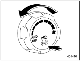 ON position (recirculation): Interior air is recirculated inside the vehicle. Push the air inlet selection button to the ON position for fast cooling with the air conditioner or when driving on a dusty road. The indicator light will illuminate.