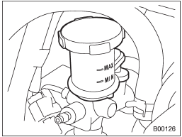 Check the fluid level on the outside of the reservoir. If the level is below MIN level mark, add the recommended clutch fluid to MAX level mark.