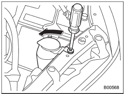 2. Use a screwdriver to remove the secured clip of the washer tank. To make it easy to access the bulb, move the washer tank to the horizontal direction (left-hand side).