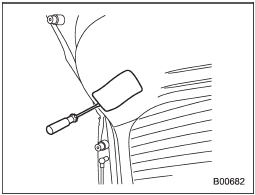 1. Apply a flat-head screwdriver to the light cover as shown in the illustration, and pry the light cover off from the rear gate trim.