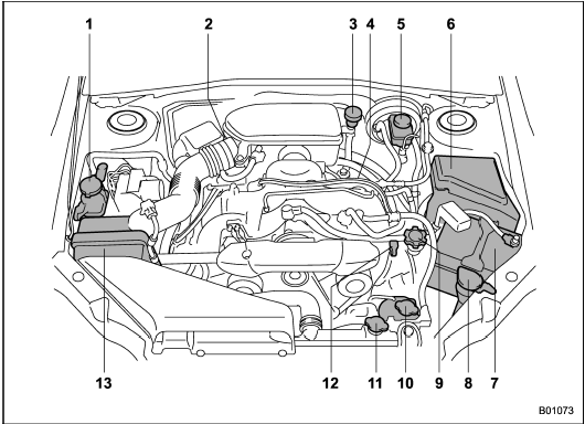 Non-turbo models - Engine compartment overview - Maintenance and ...